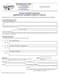 Foreign Nonprofit Corporation Application for Amended Certificate of Authority - Wyoming