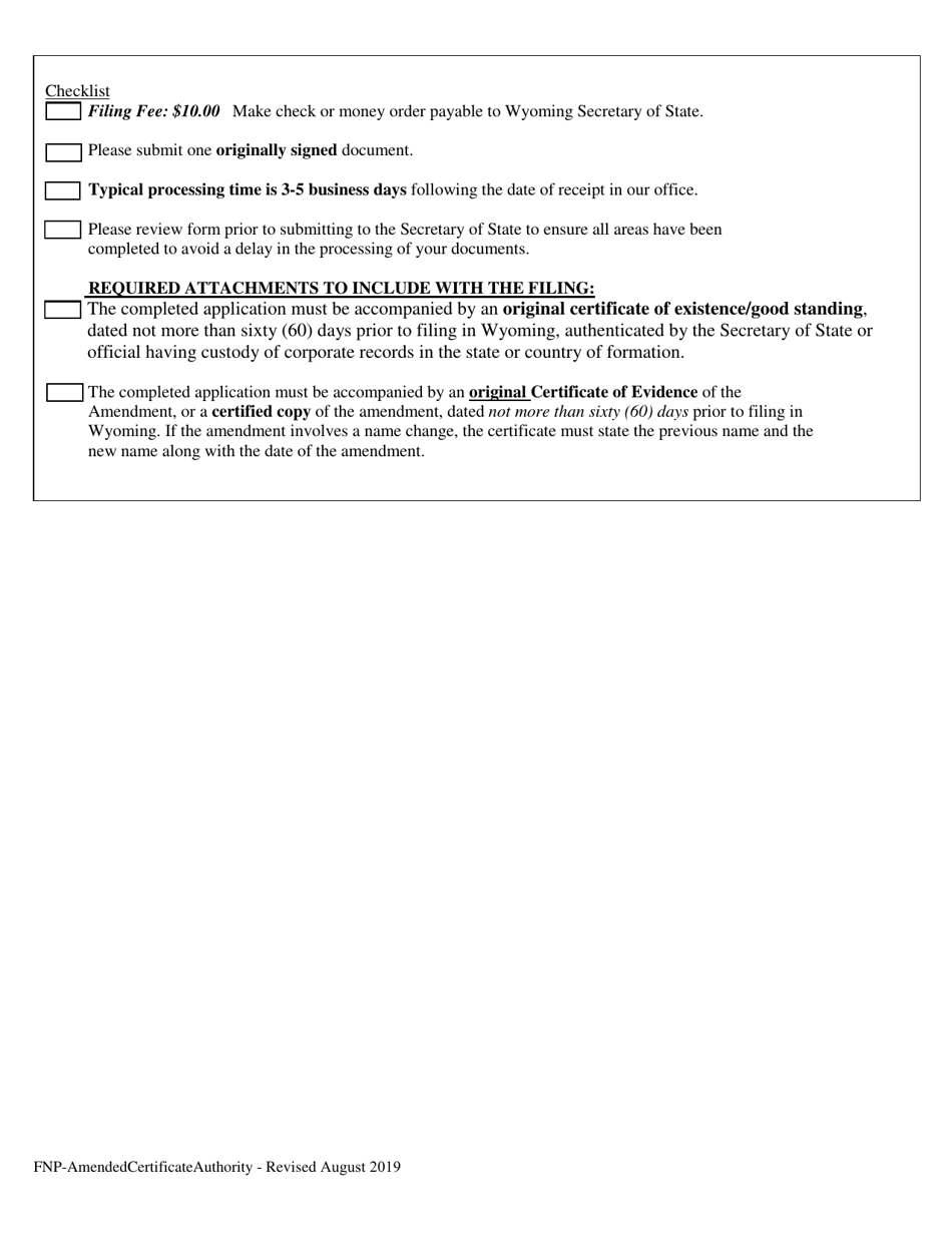 Foreign Nonprofit Corporation Application for Amended Certificate of Authority - Wyoming, Page 2