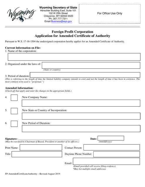 Foreign Profit Corporation Application for Amended Certificate of Authority - Wyoming Download Pdf