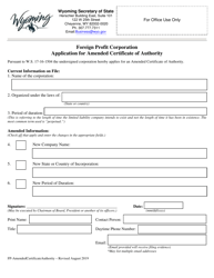 Foreign Profit Corporation Application for Amended Certificate of Authority - Wyoming