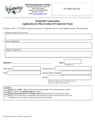 Document preview: Nonprofit Corporation Application for Reservation of Corporate Name - Wyoming