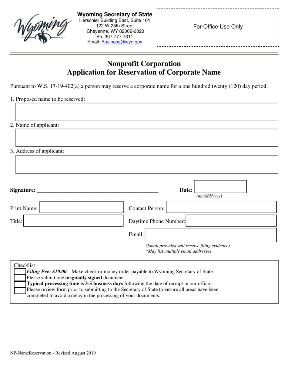 Nonprofit Corporation Application for Reservation of Corporate Name - Wyoming, Page 1