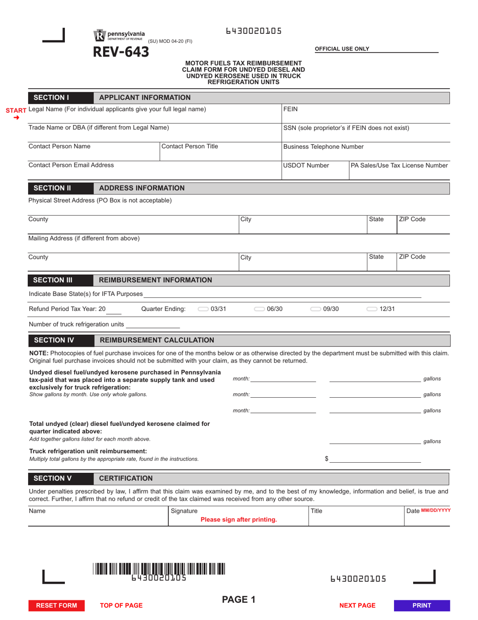 Form REV-643 Motor Fuels Tax Reimbursement Claim Form for Undyed Diesel and Undyed Kerosene Used in Truck Refrigeration Units - Pennsylvania, Page 1