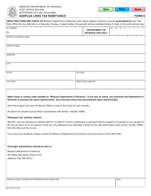 Form MO375-0702 (S) Surplus Lines Tax Remittance - Missouri