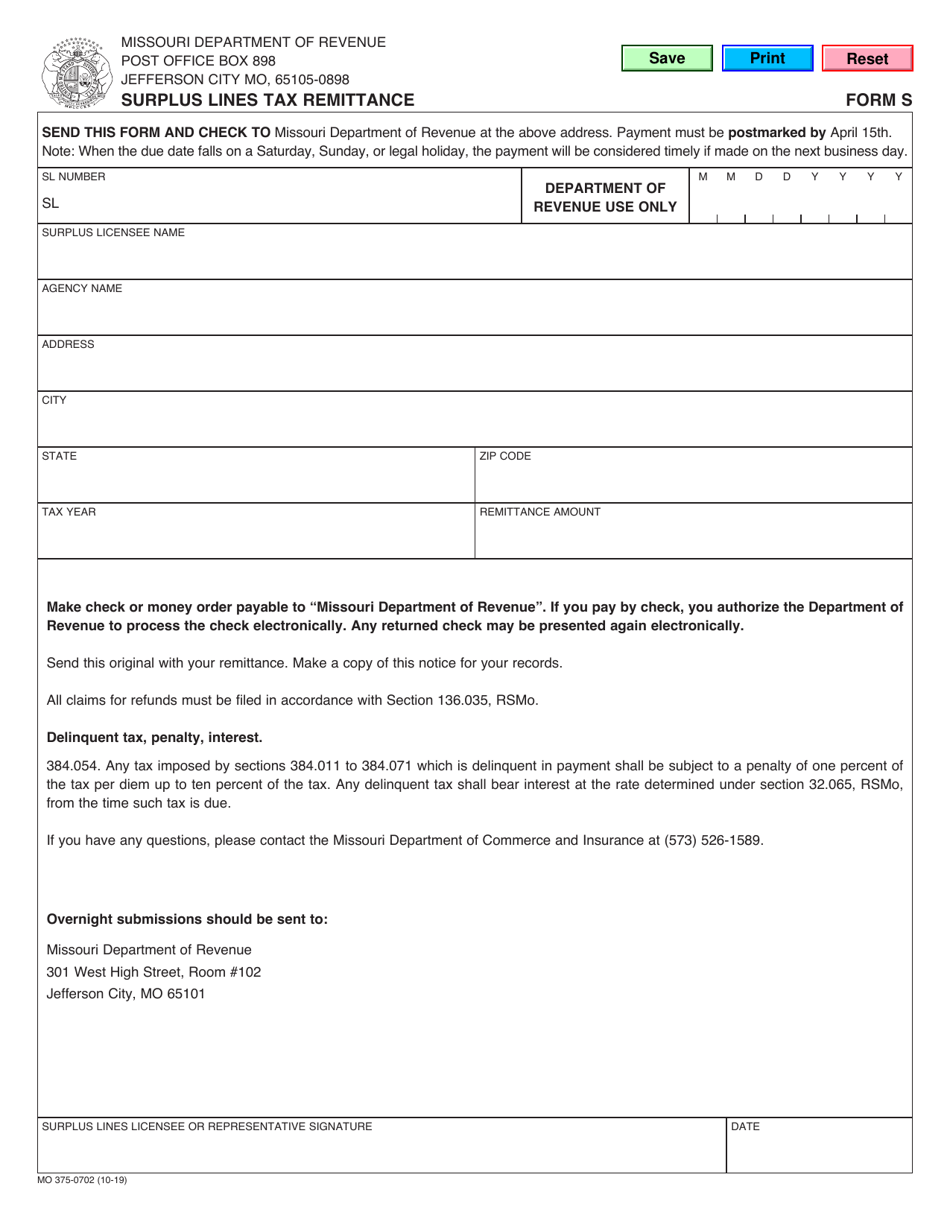 Form MO375-0702 (S) Surplus Lines Tax Remittance - Missouri, Page 1
