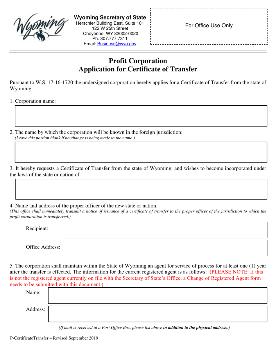 Profit Corporation Application for Certificate of Transfer - Wyoming, Page 1