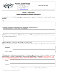 Document preview: Profit Corporation Application for Certificate of Transfer - Wyoming