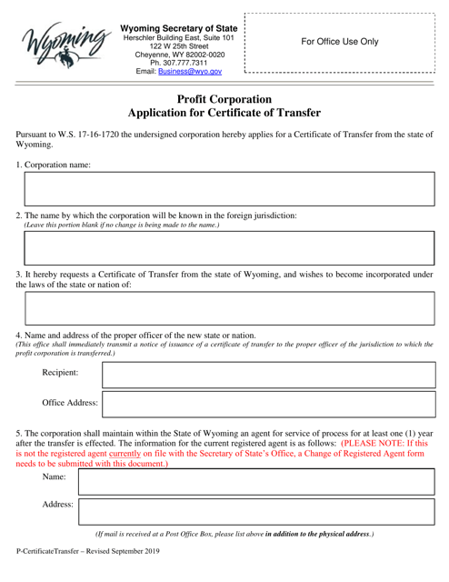 Profit Corporation Application for Certificate of Transfer - Wyoming Download Pdf