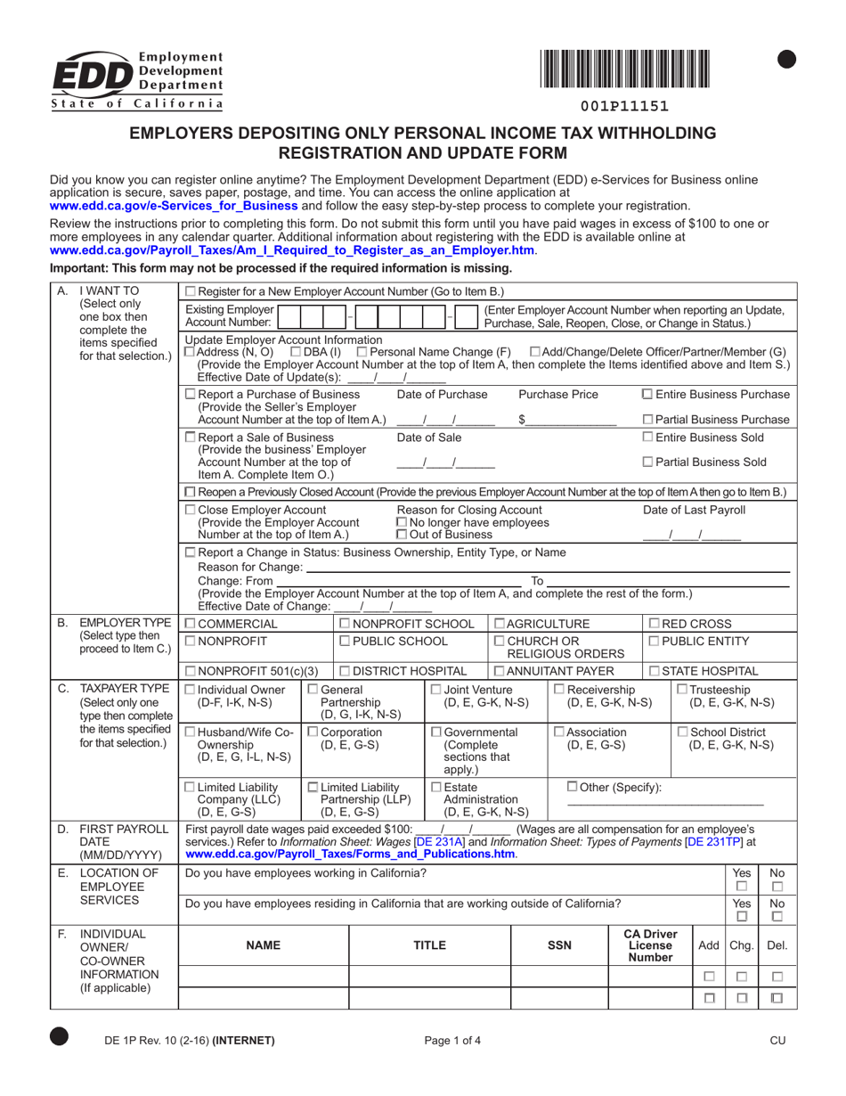 Form DE1P Employers Depositing Only Personal Income Tax Withholding Registration and Update Form - California, Page 1