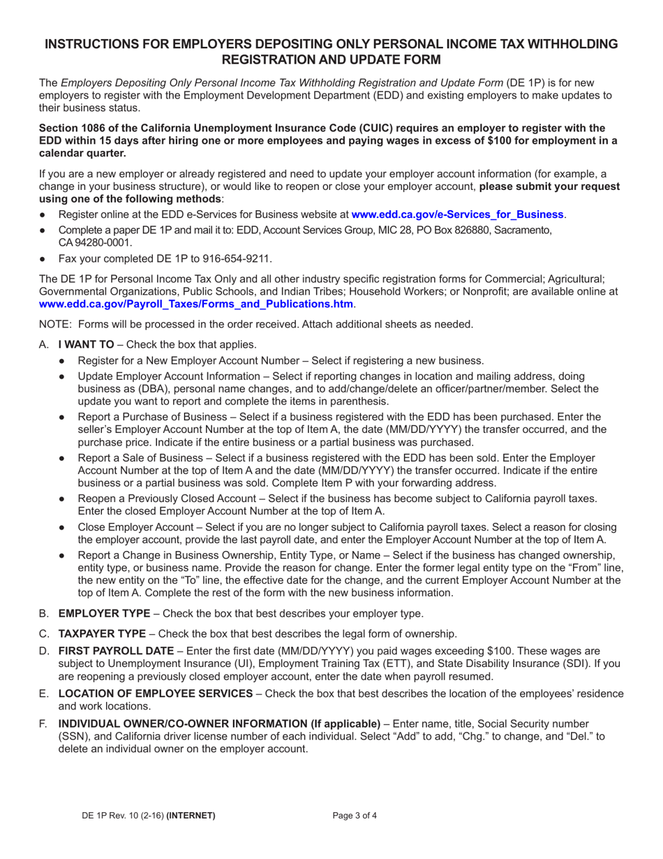 Form DE1P Employers Depositing Only Personal Income Tax Withholding Registration and Update Form - California, Page 3