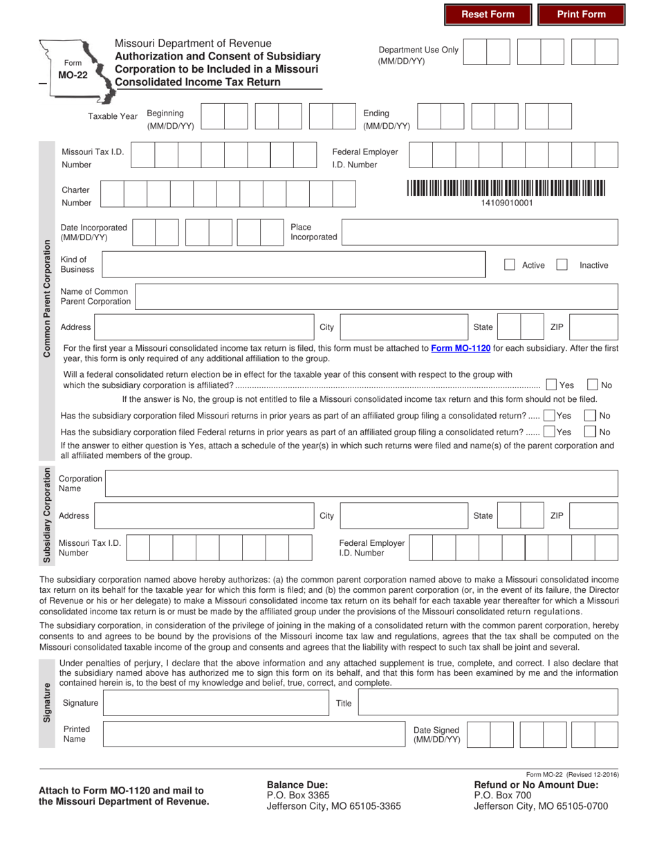 Form MO-22 Authorization and Consent of Subsidiary Corporation to Be Included in a Missouri Consolidated Income Tax Return - Missouri, Page 1