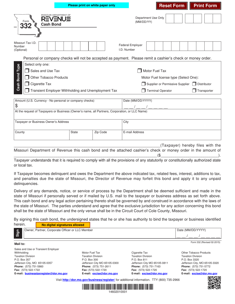 Form 332 Cash Bond - Missouri, Page 1