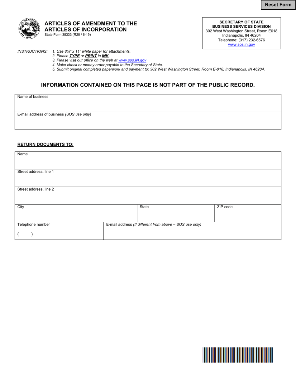 State Form 38333 Articles of Amendment to the Articles of Incorporation - Indiana, Page 1