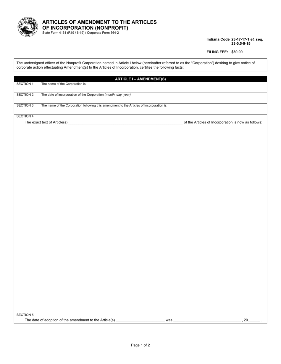 State Form 4161 (Corporate Form 364-2) Articles of Amendment to the Articles of Incorporation (Nonprofit) - Indiana, Page 2
