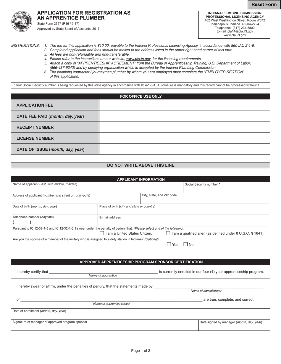 State Form 2557 Application for Registration as an Apprentice Plumber - Indiana, Page 1