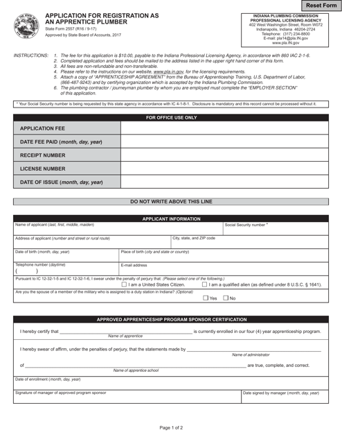 State Form 2557 Application for Registration as an Apprentice Plumber - Indiana