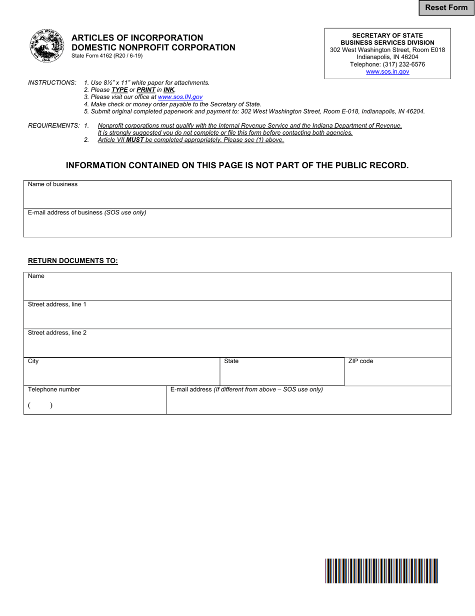 State Form 4162 Articles of Incorporation Domestic Non-profit Corporation - Indiana, Page 1