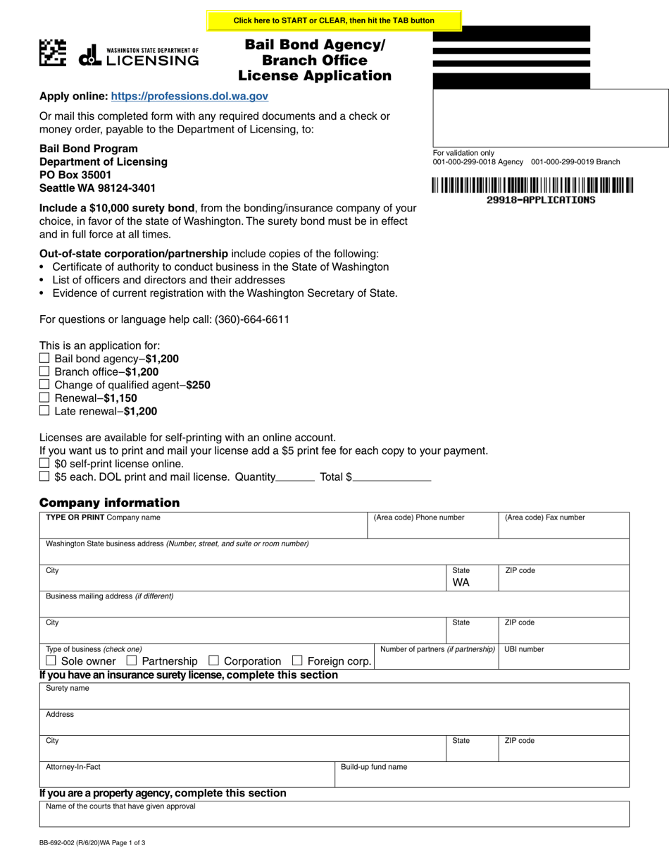 Form BB-692-002 Bail Bond Agency / Branch Office License Application - Washington, Page 1