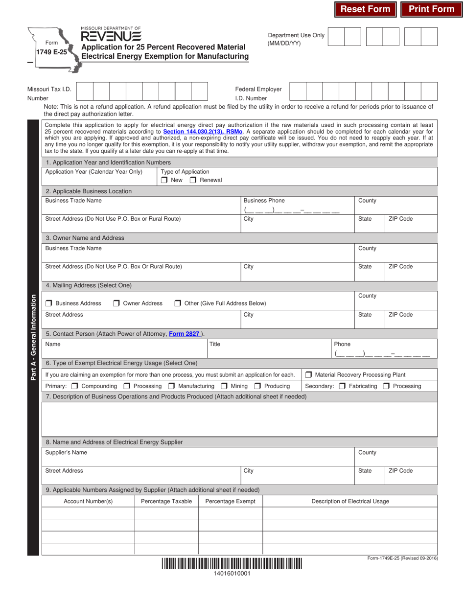 Form 1749 E-25 Application for 25 Percent Recovered Material Electrical Energy Exemption for Manufacturing - Missouri, Page 1