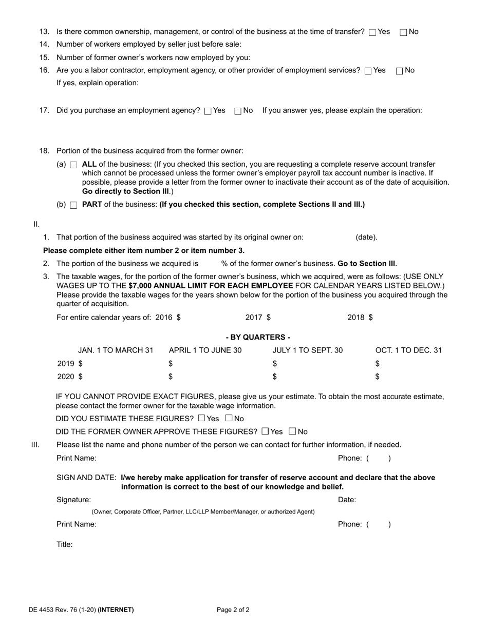 Form DE4453 Application for Transfer of Reserve Account - California, Page 2