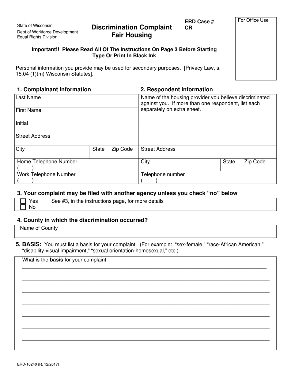 Form ERD-10240 Discrimination Complaint - Fair Housing - Wisconsin, Page 1