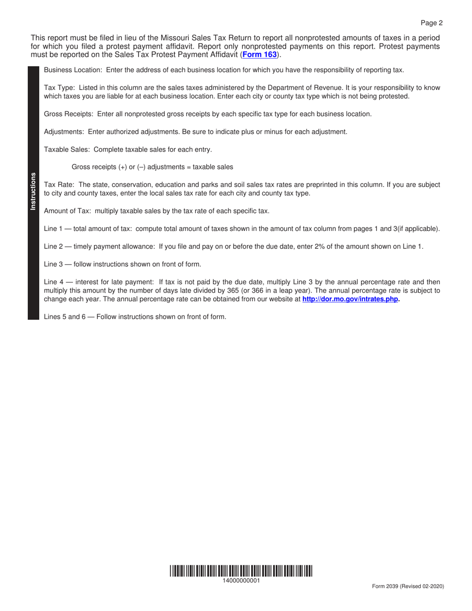 Form 2039 Nonprotested Sales Tax Payment Report - Missouri, Page 2