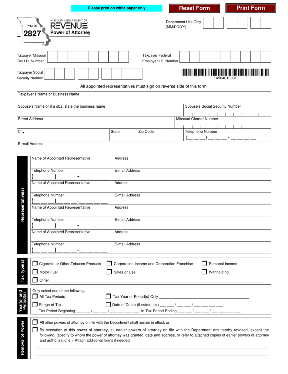 Form 2827 Power of Attorney - Missouri, Page 1