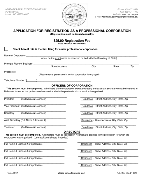 Application for Registration as a Professional Corporation - Nebraska