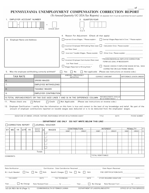 Form UC-2X Pennsylvania Unemployment Compensation Correction Report - Pennsylvania