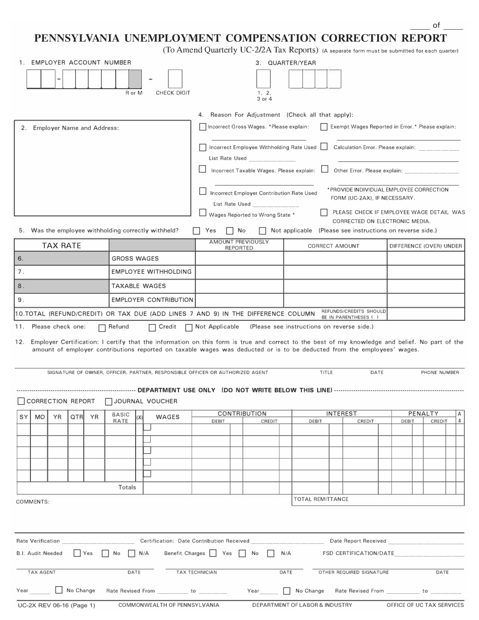 Form UC-2X Pennsylvania Unemployment Compensation Correction Report - Pennsylvania, Page 1