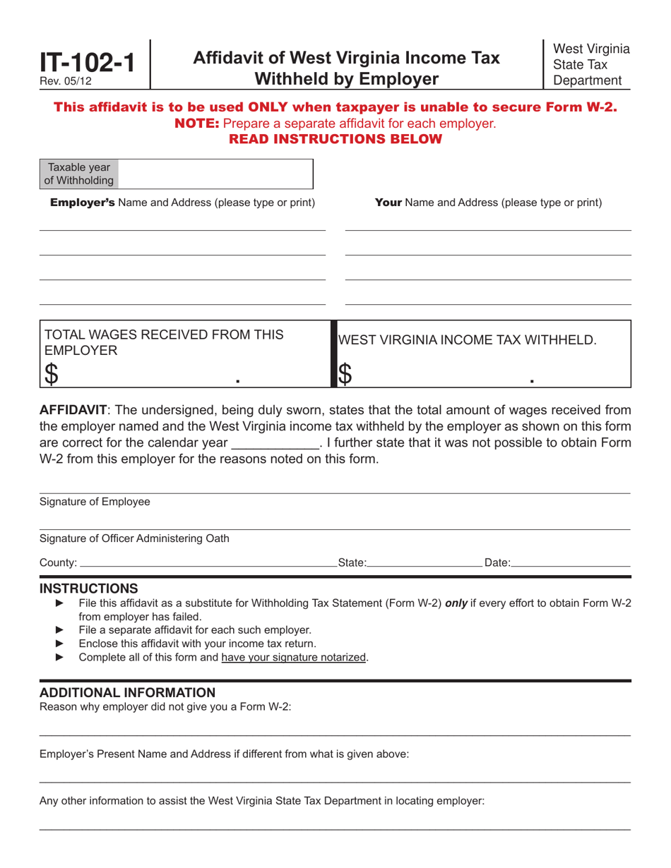 Form IT-102-1 Affidavit of West Virginia Income Tax Withheld by Employer - West Virginia, Page 1