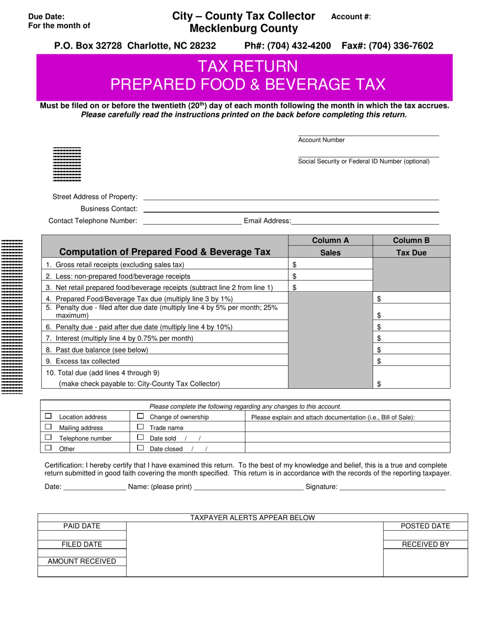 Mecklenburg County, North Carolina Tax Return Prepared Food and