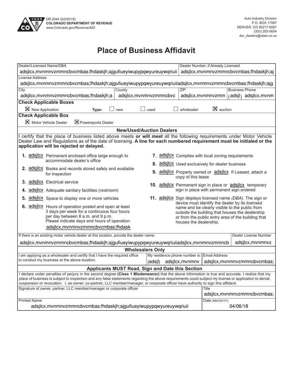 Form DR2044 Place of Business Affidavit - Colorado, Page 1