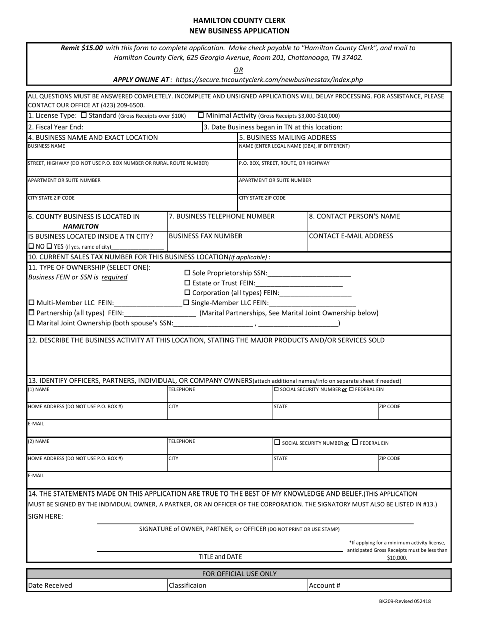 Form BK209 New Business Application - Hamilton County, Tennessee, Page 1