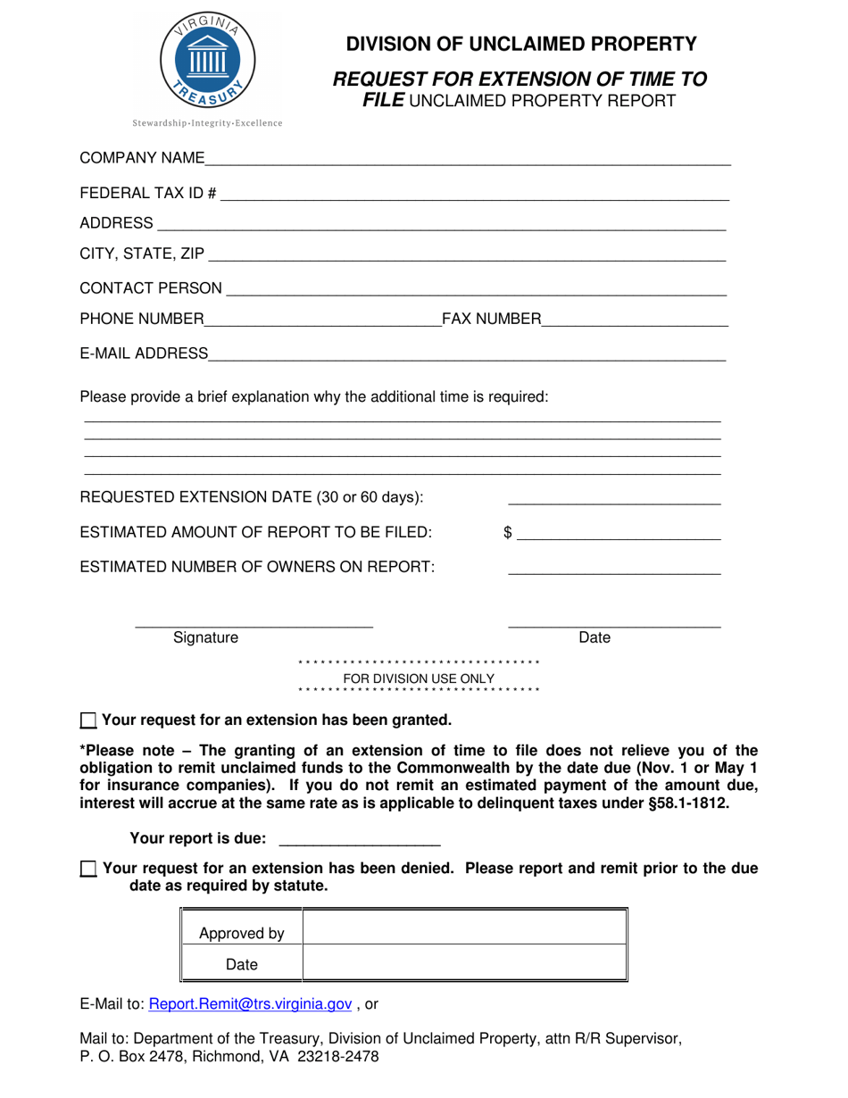 Request for Extension of Time to File Unclaimed Property Report - Virginia, Page 1