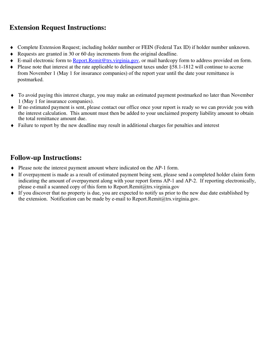 Request for Extension of Time to File Unclaimed Property Report - Virginia, Page 2