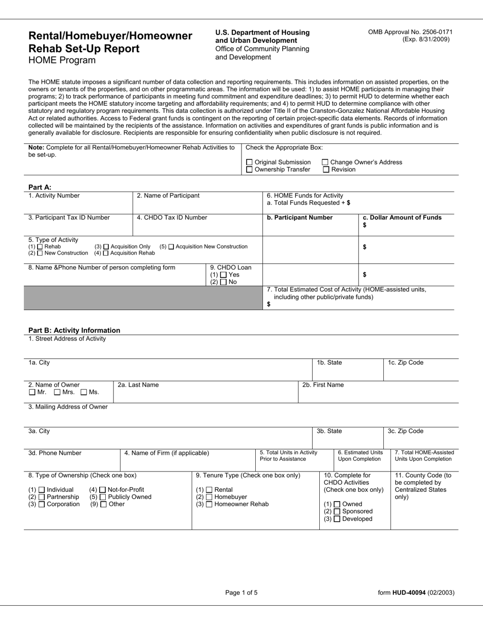 Form HUD-40094 Rental / Homebuyer / Homeowner Rehab Set-Up Report, Page 1
