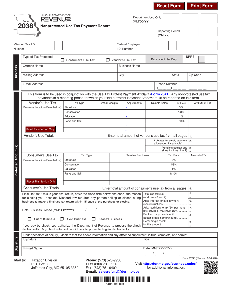 Form 2038 Nonprotested Use Tax Payment Report - Missouri, Page 1