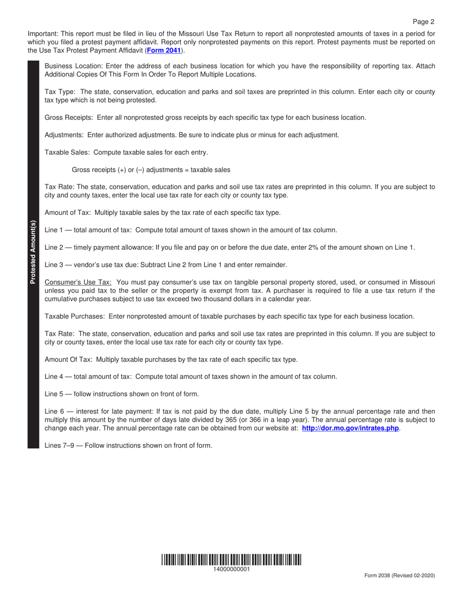 Form 2038 Nonprotested Use Tax Payment Report - Missouri, Page 2