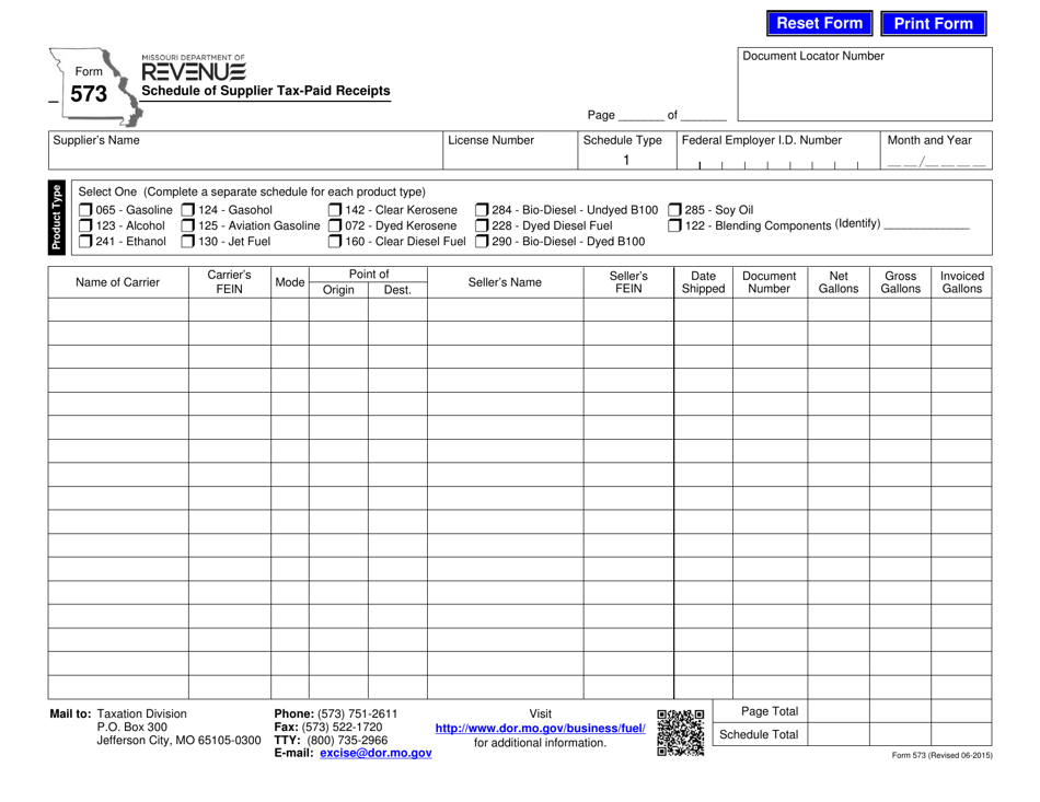 Form 573 Schedule of Supplier Tax-Paid Receipts - Missouri, Page 1