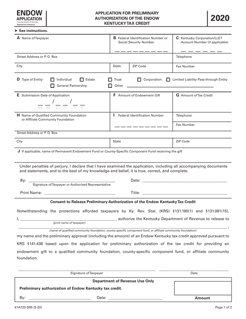 Form 41A720-S85 Application for Preliminary Authorization of the Endow Kentucky Tax Credit - Kentucky, 2020