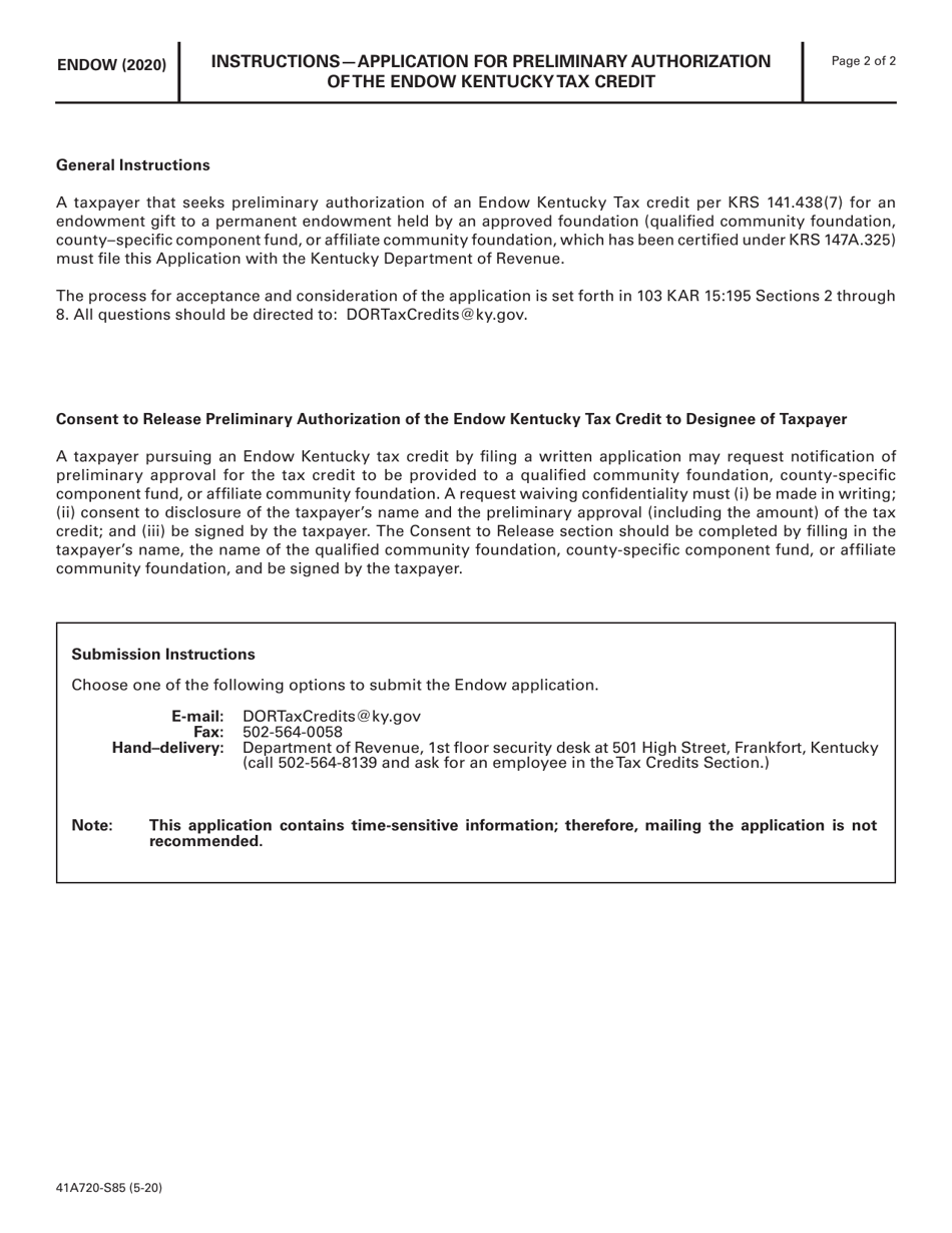 Form 41A720-S85 Application for Preliminary Authorization of the Endow Kentucky Tax Credit - Kentucky, Page 2