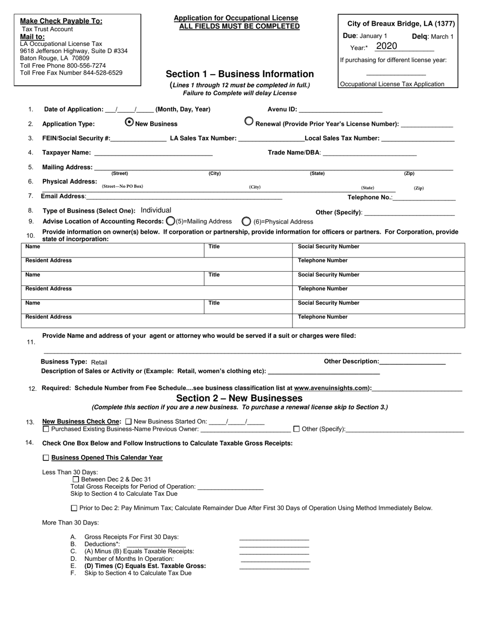 Application for Occupational License - City of Breaux Bridge, Louisiana, Page 2