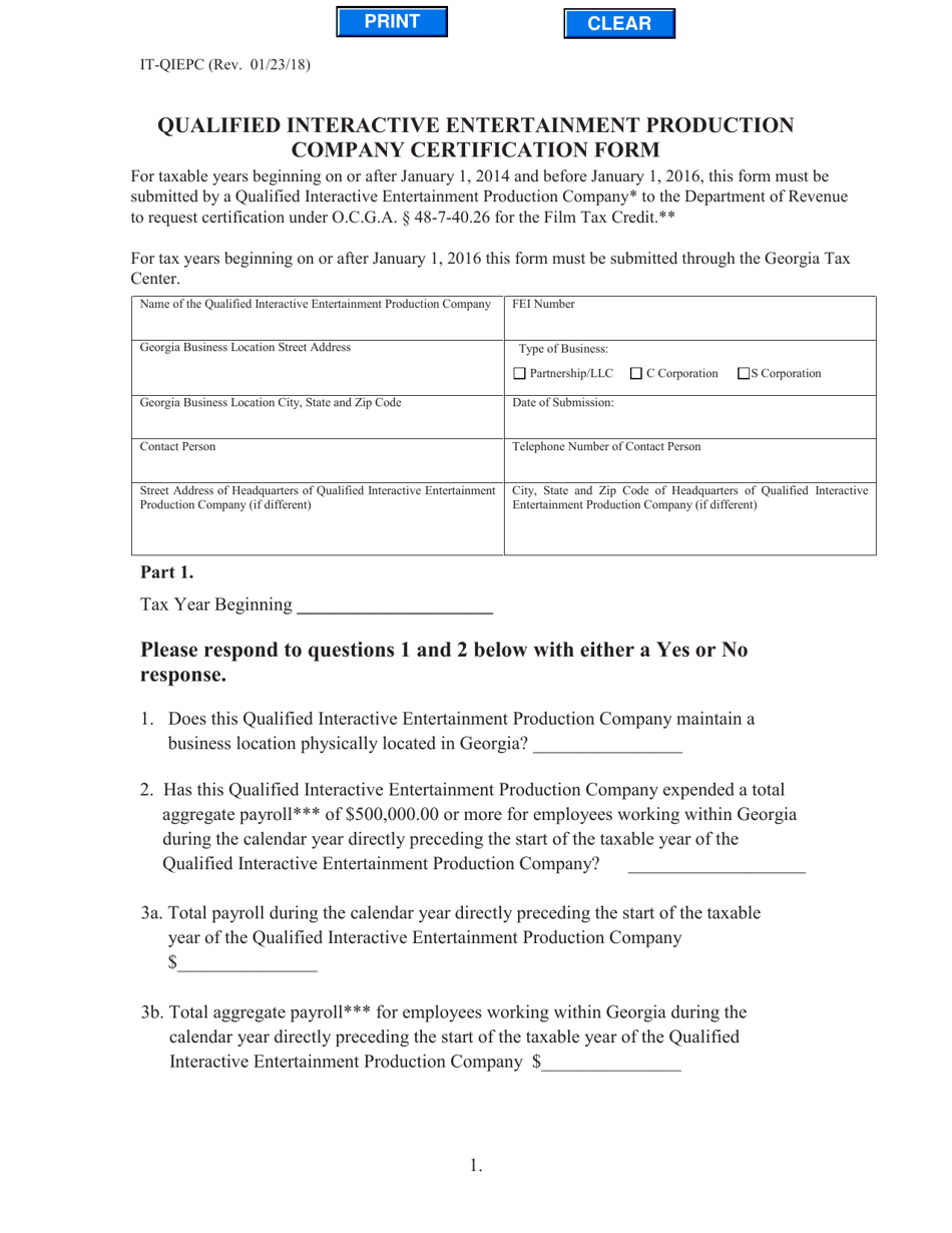 Form IT-QIEPC Qualified Interactive Entertainment Production Company Certification Form - Georgia (United States), Page 1