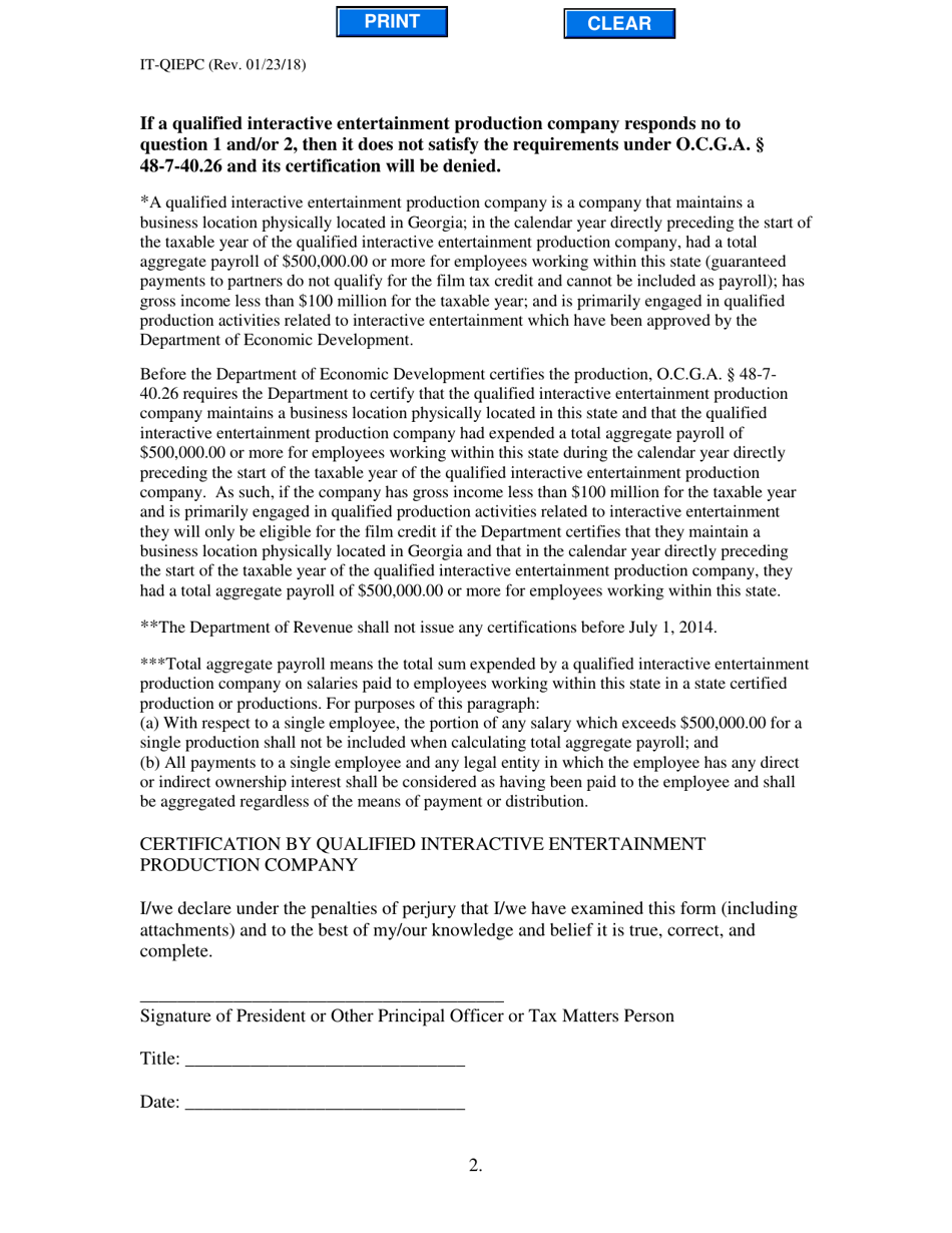 Form IT-QIEPC Qualified Interactive Entertainment Production Company Certification Form - Georgia (United States), Page 2