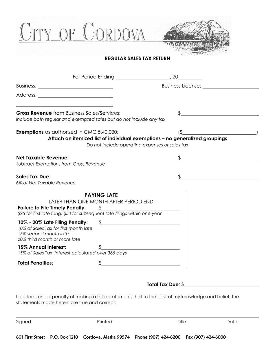 City of Cordova, Alaska Regular Sales Tax Return Fill Out, Sign