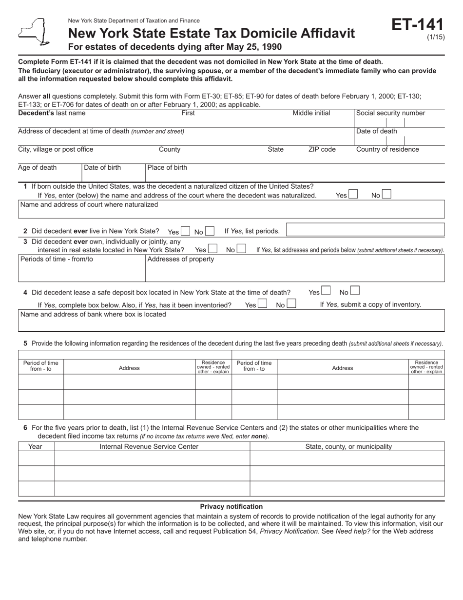 Form ET-141 New York State Estate Tax Domicile Affidavit - New York, Page 1