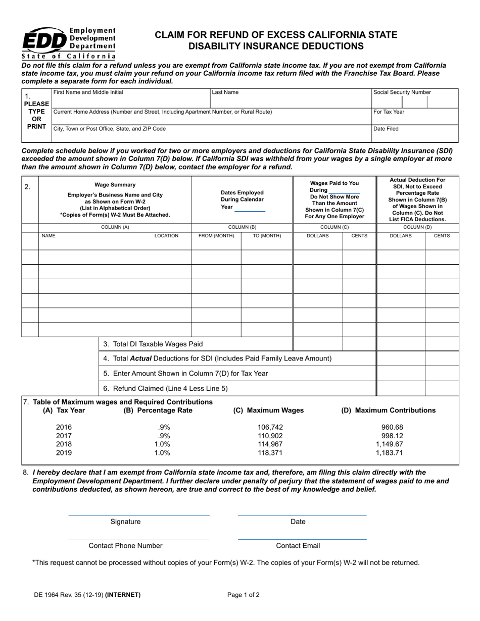 Form DE1964 Claim for Refund of Excess California State Disability Insurance Deductions - California, Page 1
