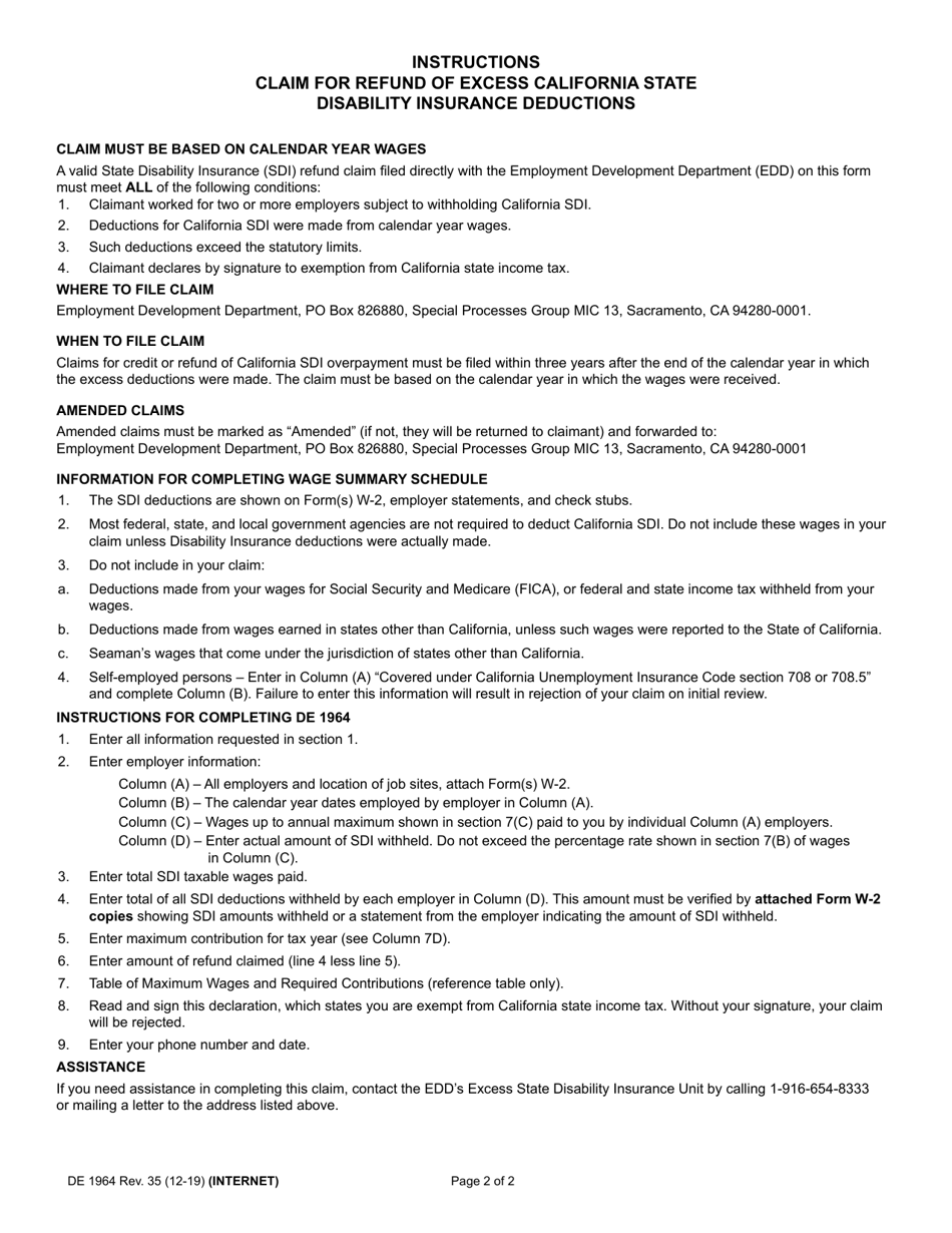 Form DE1964 Claim for Refund of Excess California State Disability Insurance Deductions - California, Page 2
