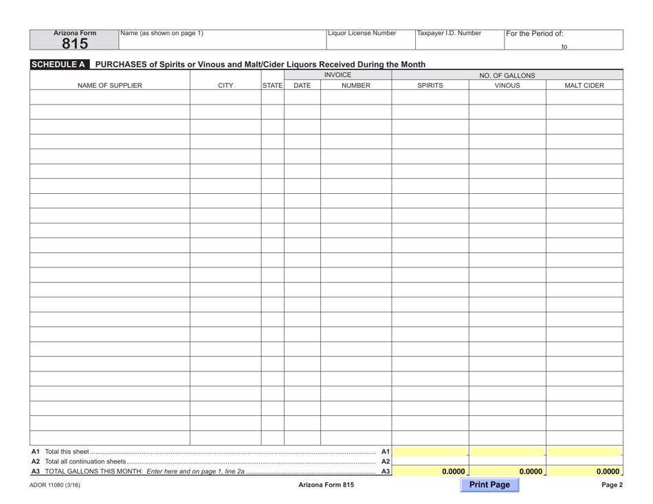 Form ADOR11080 (Arizona Form 815) Wholesalers Return of Spirits and Vinous Sold and Malt / Cider Liquor Purchased - Arizona, Page 2